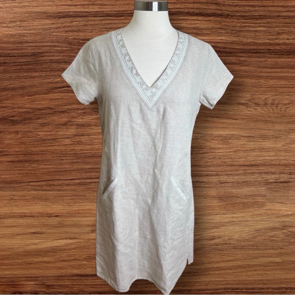 Garnet Hill Shift Dress Size 4 Beige 100% Linen Embroidered V Neck Coastal Boho